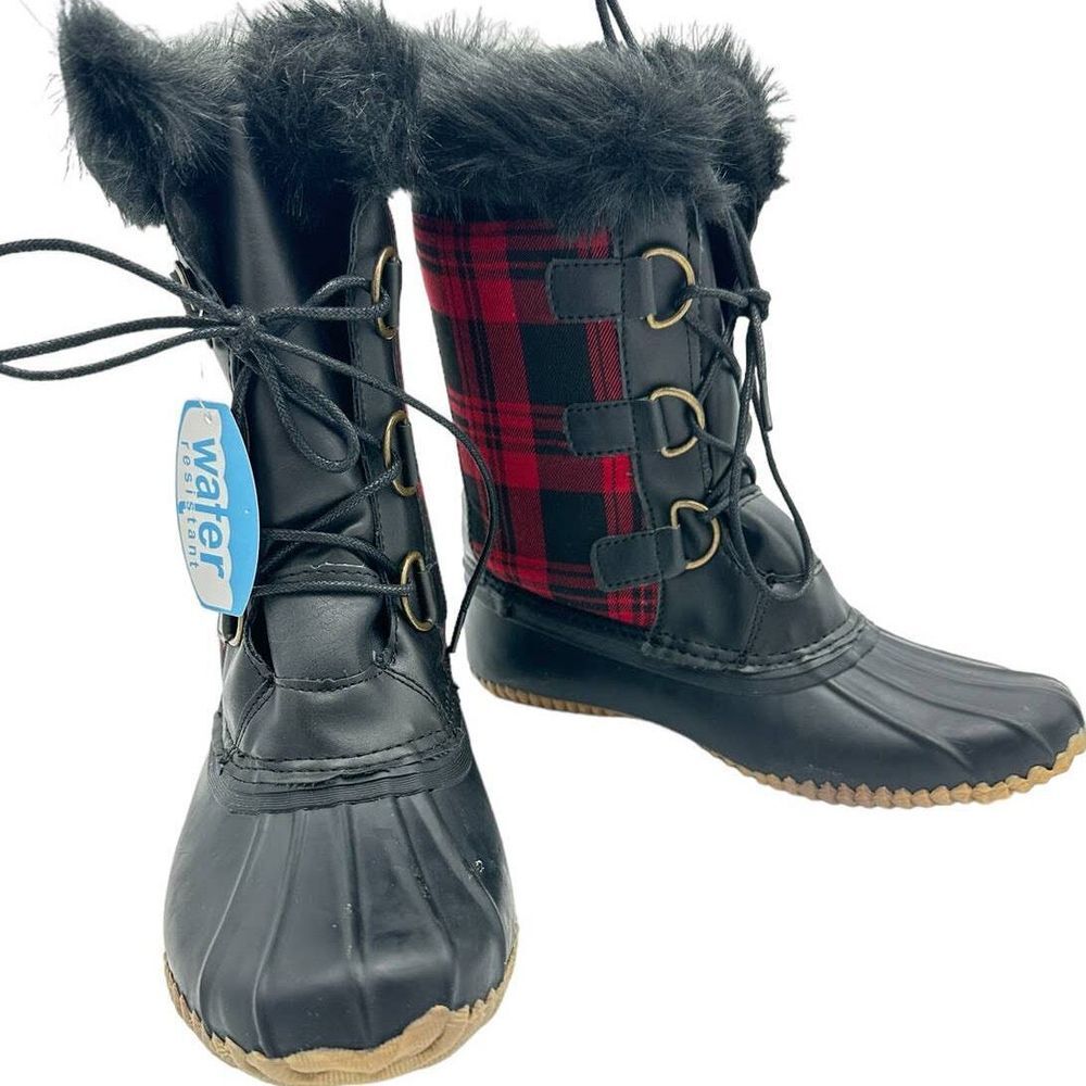 Report‎ Footwear Women's NWOB SZ 8 Black & Red Plaid Mid Calf Boots Faux Fur